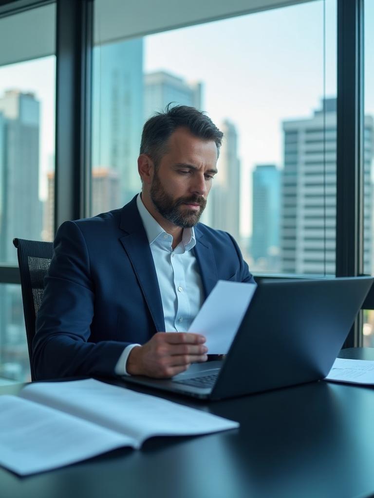 Business valuation expert reviewing financial documents in Brisbane office
